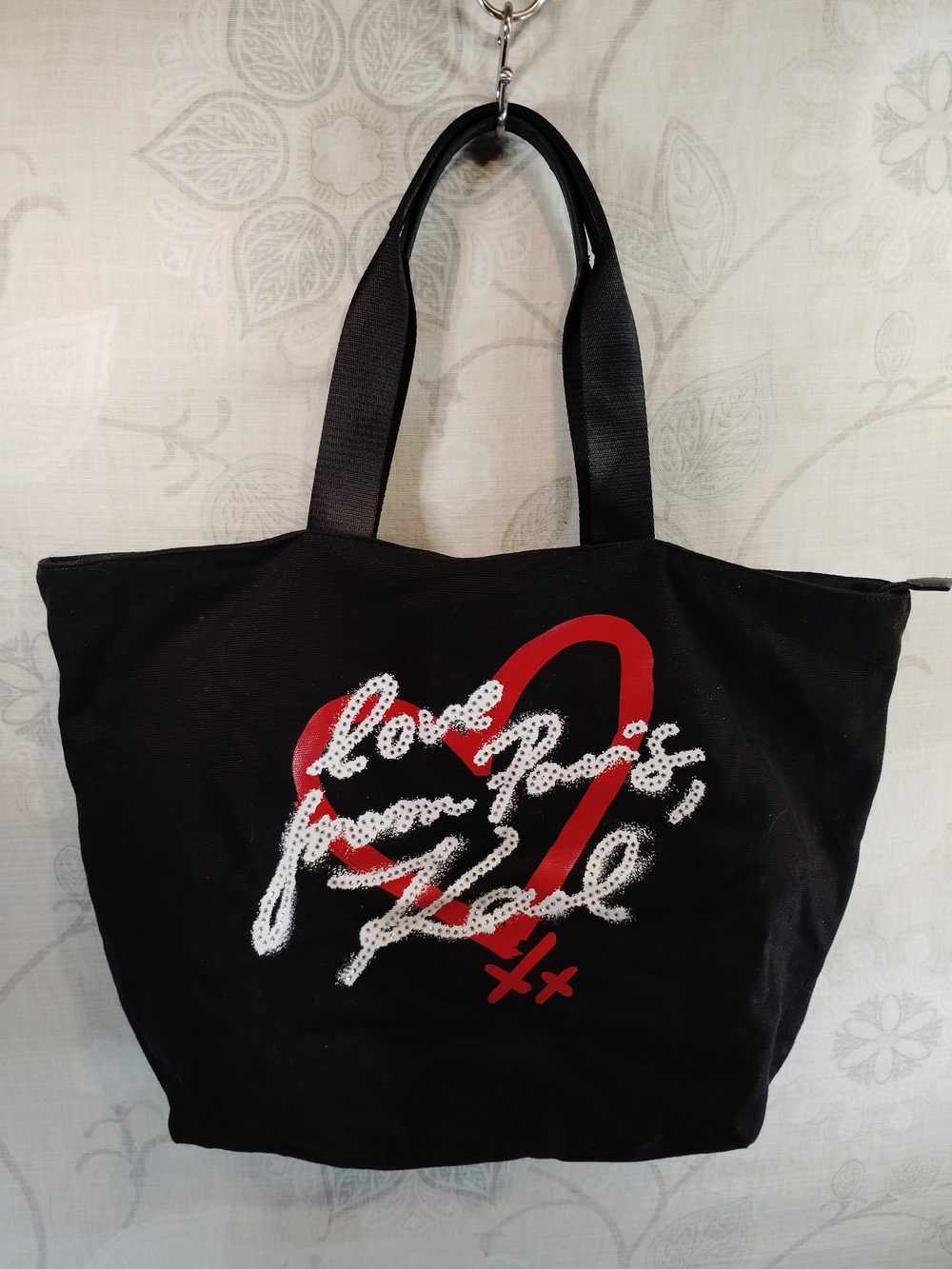 Karl Lagerfeld Black Shoulder Tote w/ "Love From Paris" Red Heart Graphic